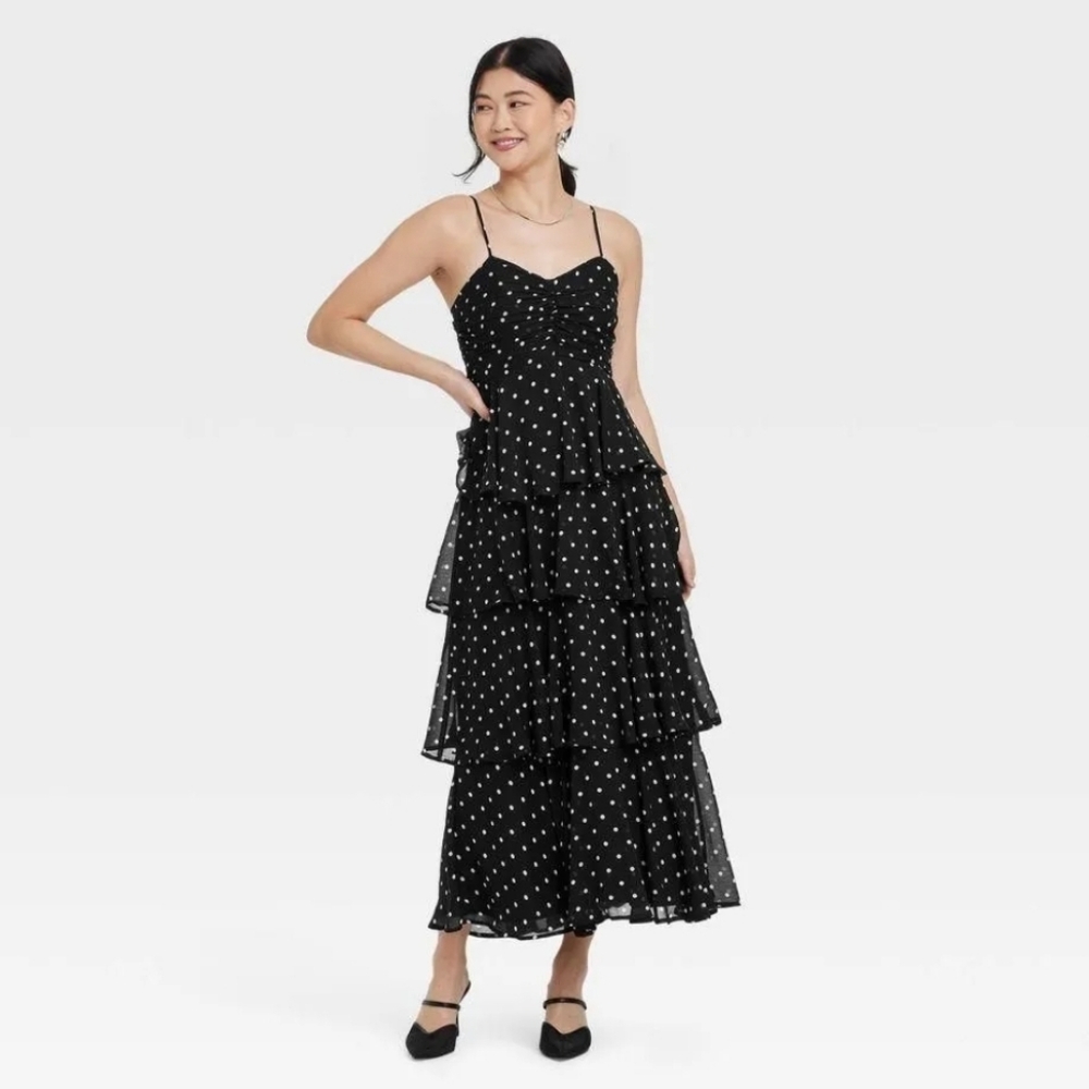 a new day Black Maxi Ruffle Dress with White Dots